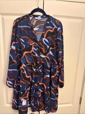 Nine West Navy Blue & Rust Abstract Tiered Button-Front Dress